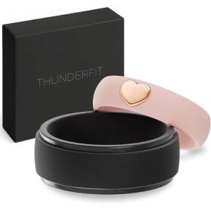 imageThunderFit Silicone Rings for Him and Her Wedding Bands for Couples 2Pack Couples Rubber Engagement Bands with GoldPlated Accents Gift Box IncludedSepia Rose  Rose Gold W  Black M
