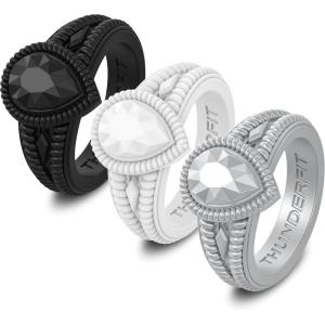 imageThunderFit Silicone Rings for Women Pear Rubber Engagement Wedding Bands 135mm Wide 55mm Thick  123 Variety MultipackPack R Black  White   Silver