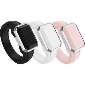 imageThunderFit Trinity Stone Silicone Rings for Her  Faux Gemstone Rubber Wedding Engagement Bands for Womens Variety Multipacks 13Pack K Black Silicone  White Gold Metal  White Silicone  White Gold Metal  Sepia Rose Silicone  White Gold Metal