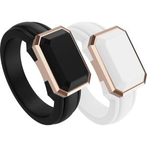 imageThunderFit Trinity Stone Silicone Rings for Her  Faux Gemstone Rubber Wedding Engagement Bands for Womens Variety Multipacks 13Pack P Black Silicone  Rose Gold Metal  White Silicone  Rose Gold Metal