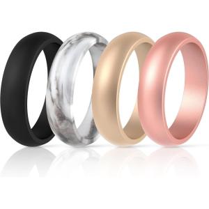 imageThunderFit Silicone Wedding Bands for Women Dome Unique Anniversary Rings 55mm Wide 2mm Thick  1234567812 Variety MultipackPack E Black  Marble  Light Rose Gold  Rose Gold