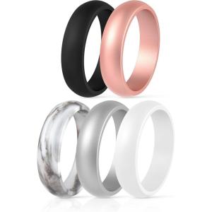 imageThunderFit Silicone Wedding Bands for Women Dome Unique Anniversary Rings 55mm Wide 2mm Thick  1234567812 Variety MultipackPack N Marble  Black  Rose Gold  Women Silver  White