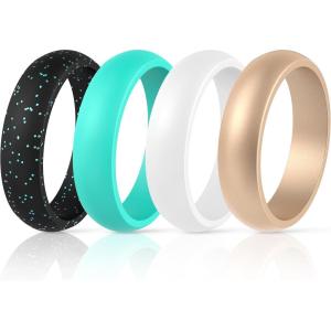 imageThunderFit Silicone Wedding Bands for Women Dome Unique Anniversary Rings 55mm Wide 2mm Thick  1234567812 Variety MultipackPack U Rose Gold  White  Teal  Black with Teal Glitter