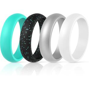 imageThunderFit Silicone Wedding Bands for Women Dome Unique Anniversary Rings 55mm Wide 2mm Thick  1234567812 Variety MultipackPack Y Silver  White  Teal  Black with Teal Glitter