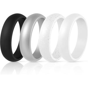 imageThunderFit Silicone Wedding Bands for Women Dome Unique Anniversary Rings 55mm Wide 2mm Thick  1234567812 Variety MultipackPack ZE White  White with Glitter  Black  Women Silver